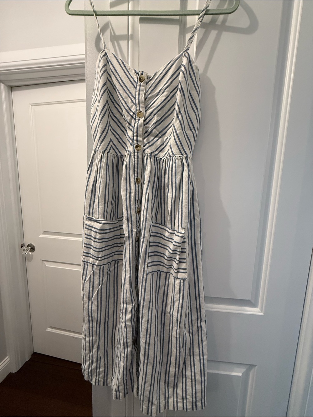 Altar'd State White and blue Striped Button-Front Midi Dress